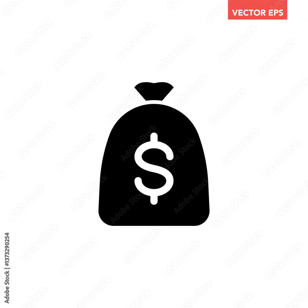 Poster black single dollar money bag icon, simple successful business graphic flat design interface, infogr