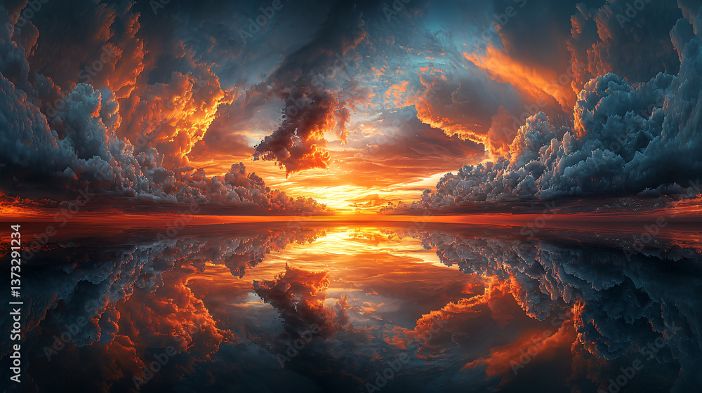 Poster captivating sunset with reflection on calm waters creating a dreamlike scene with color-saturated cl