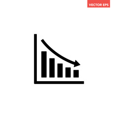 Black single financial graph with down arrow icon, simple business decline flat design pictogram vector for app ads web banner button ui ux interface elements isolated on white background