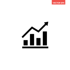 Black single arrow growing up chart graph bars icon, success graph trending upwards flat design interface infographic element for app ui ux web button, vector isolated on white background