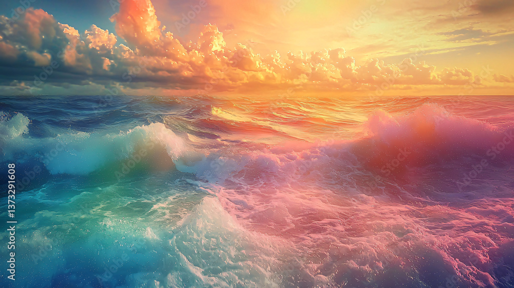 Poster mesmerizing sunset over the ocean with color-shifting waters and moody shadows creating a surreal an