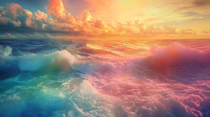 Fototapeta premium Mesmerizing sunset over the ocean with color-shifting waters and moody shadows creating a surreal and dreamlike atmosphere at twilight.