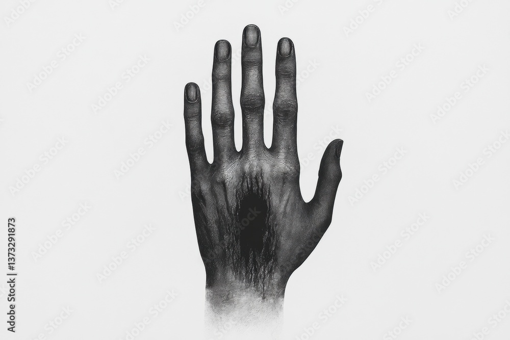 Poster a monochromatic image of a hand with dark shading, showcasing intricate details and a stark contrast
