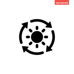 Obraz premium Black single round sustainable sun energy icon, simple solar energy conversion flat design infographic pictogram vector for app logo ads web button ui interface elements isolated on white background