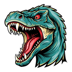 Roaring Dinosaur Head Cartoon Illustration – Ferocious Prehistoric Creature with Sharp Teeth, Red Eyes, and Open Mouth – Vector Art for Gaming Logos, Esports, Jurassic Themes, and Monster Designs