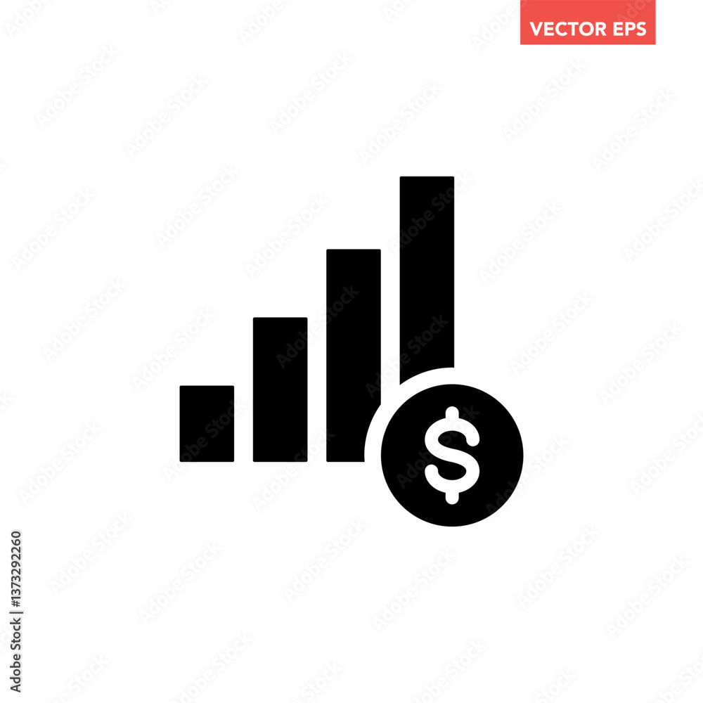Poster black single financial growing graph line icon, simple inflation up or high cost living flat design 