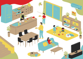 リビングでの日常を楽しむ家族 © kid_a