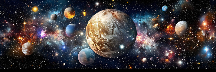 Vibrant Colorful Galaxy with Planets and Nebulae