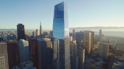Obraz premium Create a hyper-realistic, high-angle drone view from the sky, looking straight down on the glossy glass summits of urban skyscrapers in downtown San Francisco