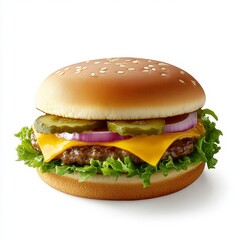 Juicy Cheeseburger with Lettuce, Red Onion, and Pickles