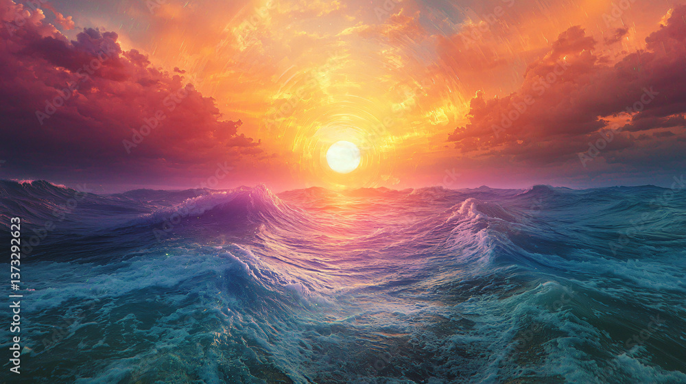 Poster captivating sunset over the ocean with color-shifting waters and moody shadows creating a dreamlike 