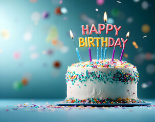 A beautifully decorated birthday cake with colorful sprinkles and candles, perfect for celebrating special occasions.