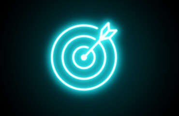 Neon target icon. Glowing neon aim  sign. Crosshair silhouette in vivid colors. Accurate aim, target audience, exact search.