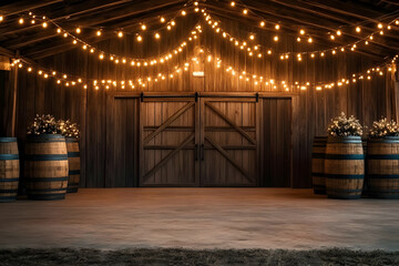 A beautifully lit barn interior featuring warm string lights and rustic barrels, perfect for events or gatherings.