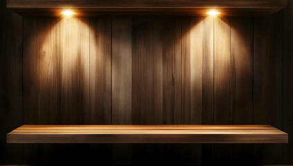Fototapeta premium A beautifully lit wooden shelf against a textured wall, ideal for showcasing products or decor with a warm ambiance.
