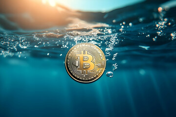 A Bitcoin coin submerged underwater, symbolizing the interplay between cryptocurrency and the depths of technology.