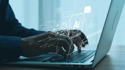 Human interact with AI artificial intelligence brain processor in concept of AI artificial intelligence engineering, big data and AI machine learning to use generative AI for business support. UUID