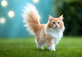 A charming orange and white cat strolls gracefully across vibrant green grass, embodying playfulness and curiosity.