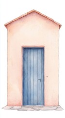 Fototapeta premium A charming watercolor illustration of a simple house with a blue door and a pink exterior, evoking a serene and inviting atmosphere.
