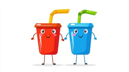 Two cheerful cartoon drink cups, one red and one blue, with smiling faces and colorful straws, stand side by side, embodying fun and friendship.