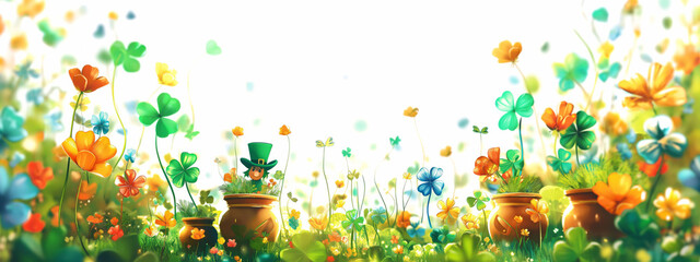 Colorful Abstract Vector Background With Leprechauns and Pots of Gold on a Clean White Surface Featuring Artistic Motifs