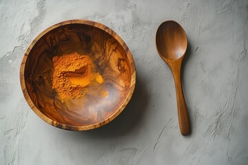 Orange Spice Powder in Wooden Bowl and Spoon on Gray Background
