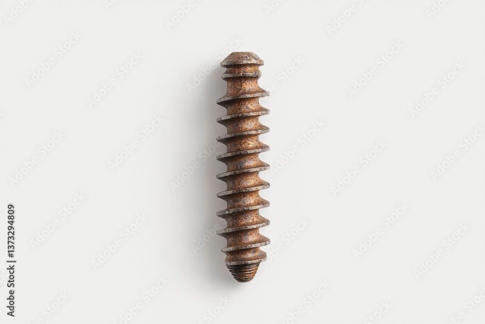 Poster a close-up image of a metal screw with a spiral thread, displayed against a light background, emphas