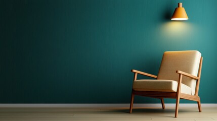 Cozy chair against a textured green wall with warm lighting.