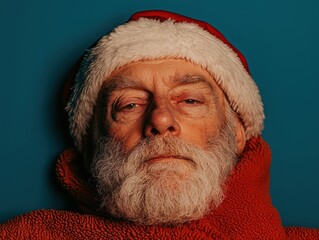 Naklejka premium A close-up portrait of an elderly man wearing a Santa hat, wrapped in a red blanket, with a serious expression against a blue background.