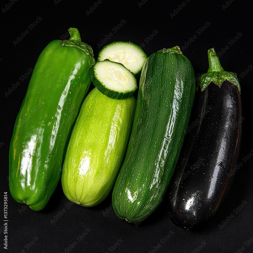 Poster an array of three distinct types of fresh vegetables displayed in a beautifully arranged setting