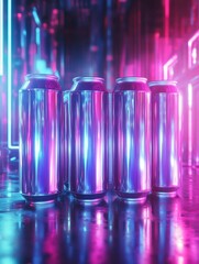 Futuristic neon-lit energy drink display in a cyberpunk setting with striking electric blue and purple reflections