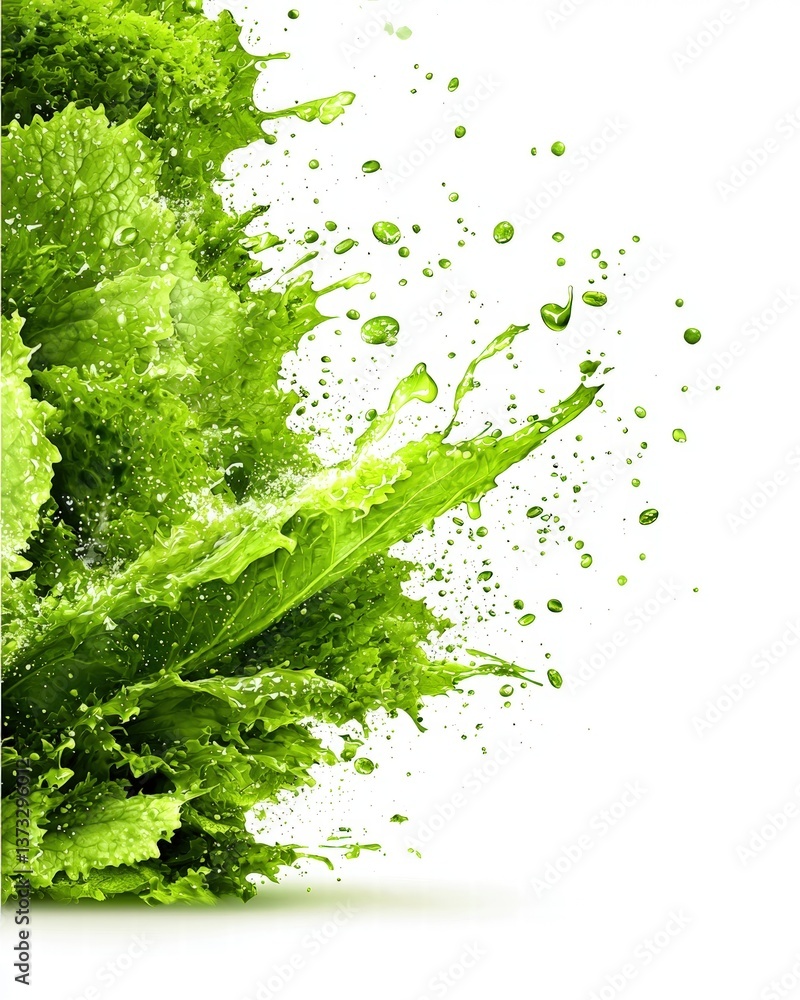 Poster close-up of a green leaf with water droplets splashing against it creating a refreshing effect