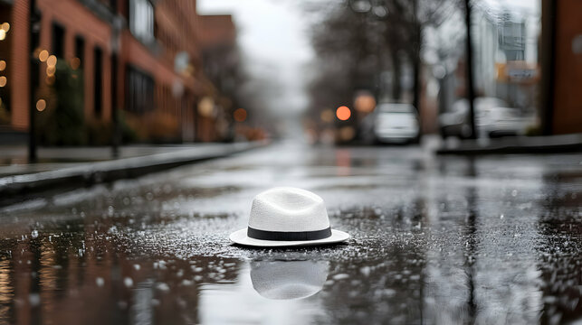Fototapeta Solitary Hat in a Rainy City Street