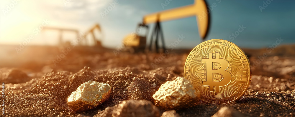 Poster a close-up view of a bitcoin on soil next to oil extraction rigs, showcasing the intersection of cry