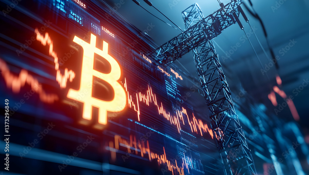 Aufkleber a close-up view of a bitcoin symbol illuminated against a backdrop of fluctuating stock charts, repr