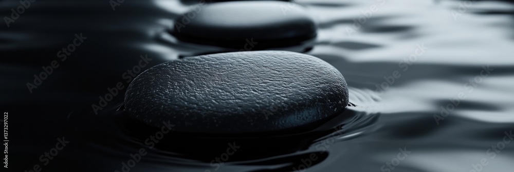 Aufkleber close-up of smooth black river stones on reflective wet surface with soft lighting and deep contrast
