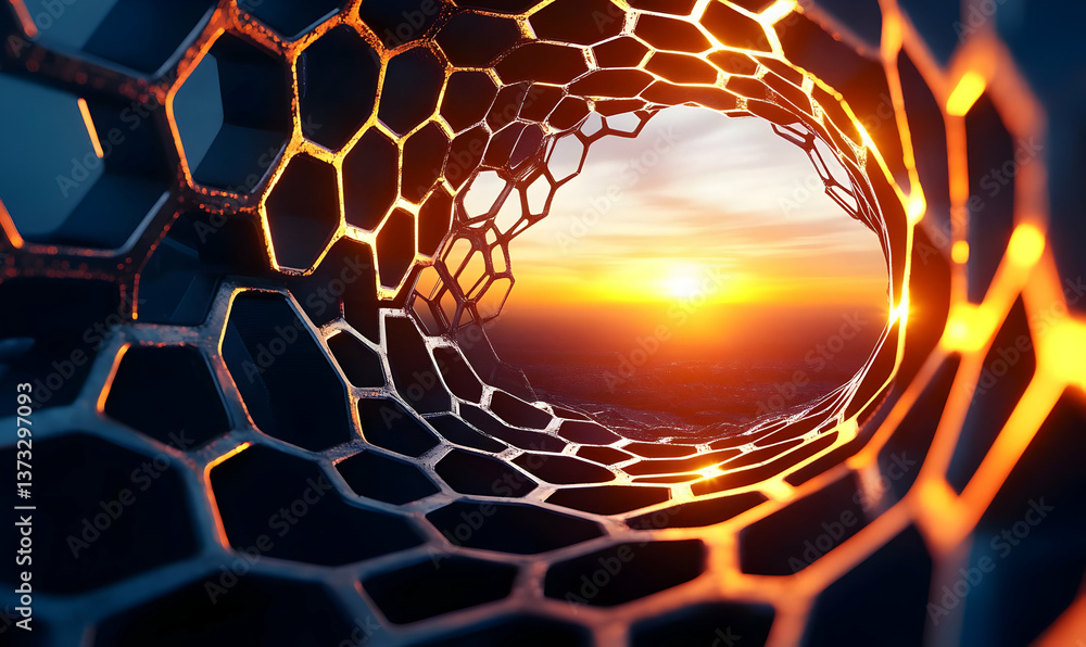 Poster a close-up view of a hexagonal structure, capturing the vibrant glow of sunlight through its intrica
