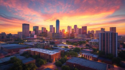 Fototapeta premium Create a detailed 3D model 16:9 of a vibrant city at sunrise