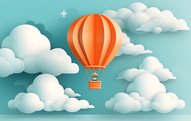 vibrant hot air balloon floats gracefully amidst a playful sky of fluffy clouds and undulating rainbow hills, evoking a sense of adventure and freedom. 