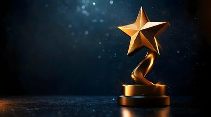 A close-up view of a golden star trophy glimmering under dramatic lighting, symbolizing success and achievement.