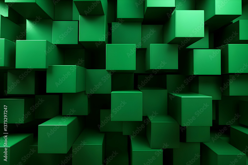 Poster a close-up view of a three-dimensional arrangement of green cubes, showcasing depth and geometric pa