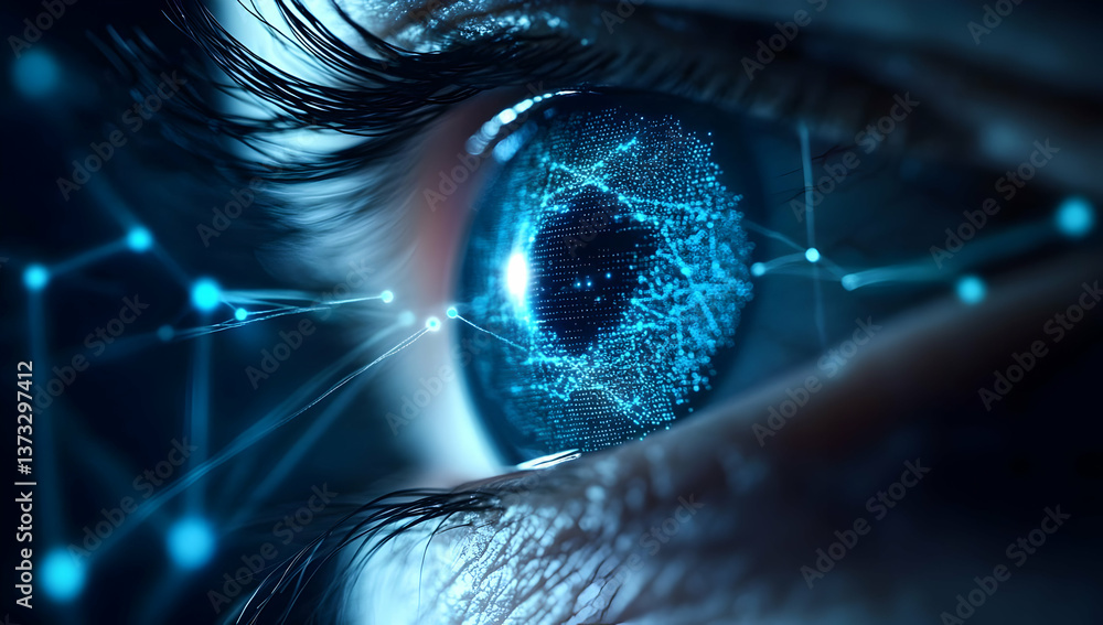 Poster a close-up view of an eye with a digital overlay representing technology and data interaction, showc