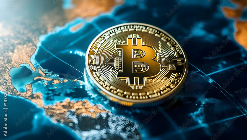 Poster a close-up view of bitcoin on a digital map, symbolizing the global nature of cryptocurrency and its