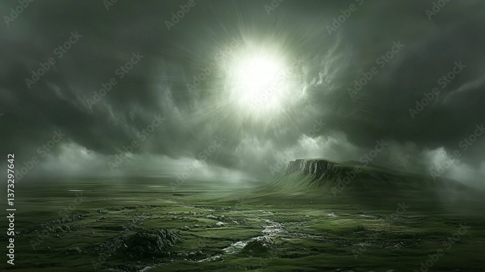 Poster surreal mountain landscape with a brilliant light emanating from the peak creating an ethereal and d