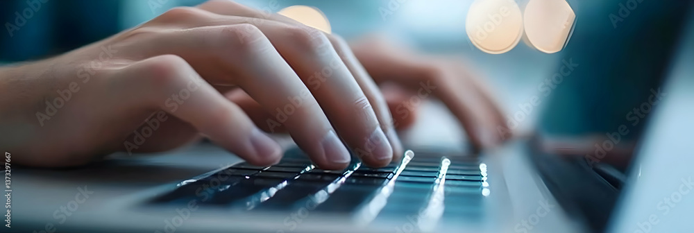 Poster a close-up view of hands typing on a laptop keyboard, symbolizing productivity and digital communica