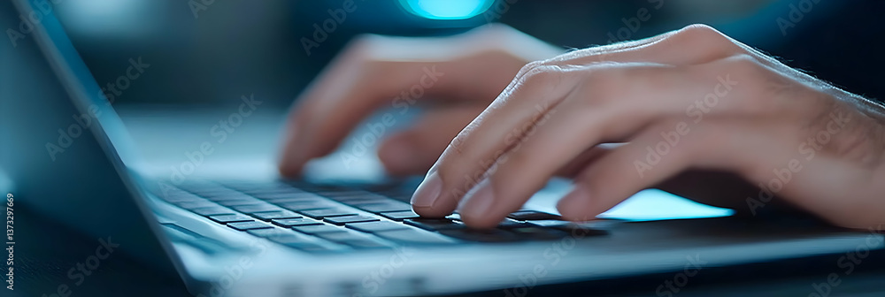Poster a close-up view of hands typing on a laptop keyboard, showcasing productivity and technology in a mo