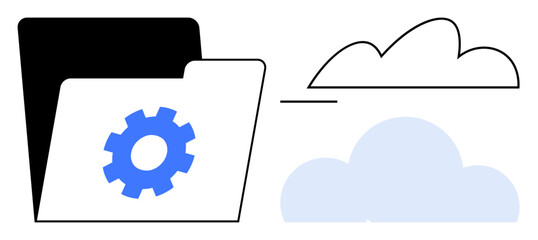 Open folder with gear icon symbolizing configuration next to outlined and filled clouds. Ideal for technology, cloud computing, file sharing, data backup, storage management, synchronization, digital