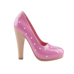 Obraz premium Closeup studio shot of a single pink high heel shoe with white polka dots, isolated on a black background.