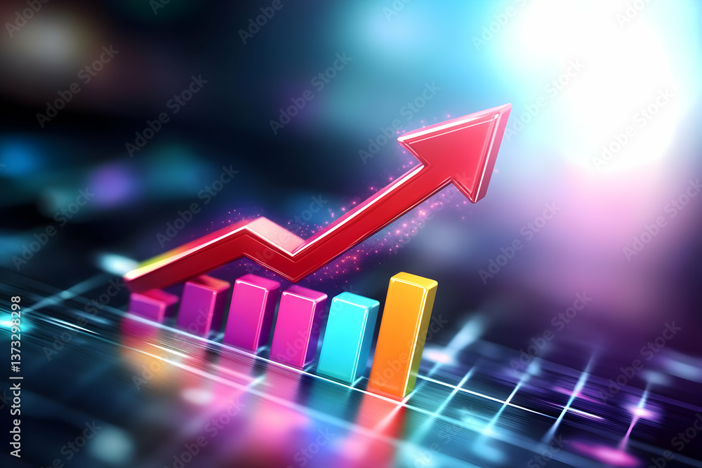 Poster a colorful bar chart with an upward arrow demonstrates growth and success in a digital environment, 