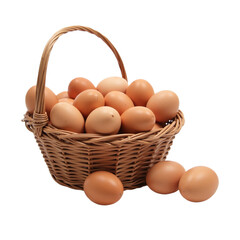 A wicker basket overflowing with fresh brown chicken eggs. Some eggs spill out of the basket onto a surface.